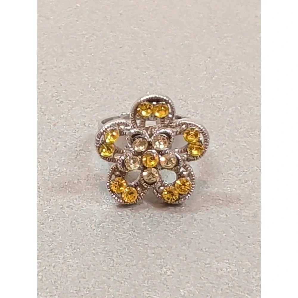 Silver Tone Yellow Champagne Stone Flower Ring Adjustable Floral Band